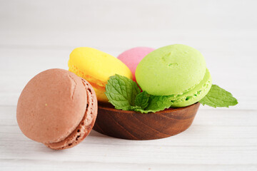 Macaron or french macaroon dessert, cake and cookies on the celebrated birthday.