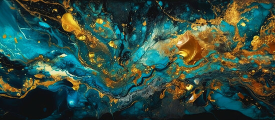 Generative AI illustration streaks of gold ink for abstract blue marble background. Horizontal, panoramic background.