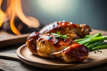 Baked chicken wings with sesame seeds and sweet chili sauce on white wooden board.
