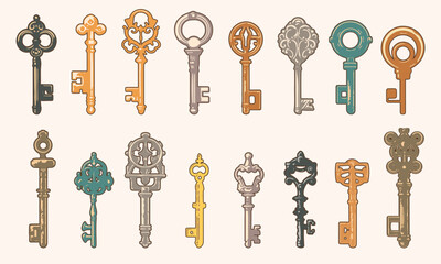 Vintage silver, bronze, golden metal key set icons isolated vector illustration