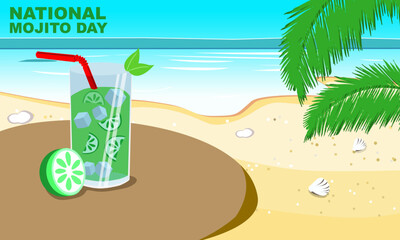 a glass of fresh mojito drink on the table with a view of palm leaves and a beautiful beach. Mojito made with white rum, lime juice, sugar, mint and sparkling water
