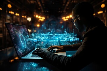 person working on laptop with communication hologram on background, it, freelance, worldwide network, technologies, corporate, futuristic.