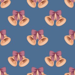 Watercolor seamless pattern bells and pink bows.Christmas decoration illustration isoltaed on blue background.