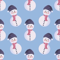 Watercolor snowman with purple beanie hat and pink scarf seamless pattern. Watercolor winter illustration isolated on blue background.