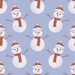 Watercolor snowman with brown beanie hat and scarf seamless pattern. Watercolor winter illustration isolated on blue background.