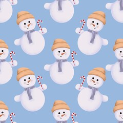 Watercolor snowman with orange beanie hat,purple scarf and candy cane seamless pattern. Watercolor winter illustration isolated on blue background.
