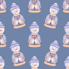 Watercolor snowman with gift box seamless pattern isolated on blue background.