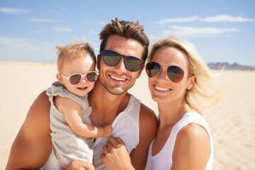 Fototapeta premium Close up of a young couple with their baby while on a beach holiday. Generative AI
