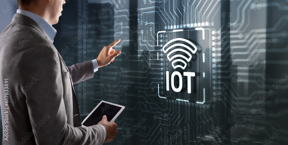 Poster clicking on the virtual screen internet of things iot concept. electric circuits graphic background 