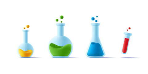 Laboratory equipment set of glass beackers of different shapes and with coloured liquid, 3d render icon