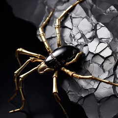 golden obsidian spiders on rocks, photographic