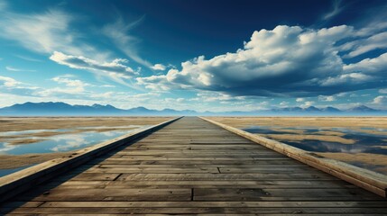 Pathway forward into a beautiful serene landscape. Horizon views over the rivers, mountains, deserts, and fields. - obrazy, fototapety, plakaty