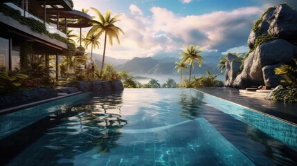 Fototapeta premium tropical vacation resort. Infinity swimming pool with view of paradise. Palm trees and ocean.