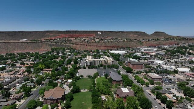 Aerial St George Utah city Dixie mountain 2. Established by The Church of Jesus Christ of Latter-day Saints in mid 1800's. Fast population growth, mild weather. Utah Tech University. 