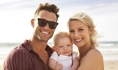 Close up of a young couple with their baby while on a beach holiday. Generative AI