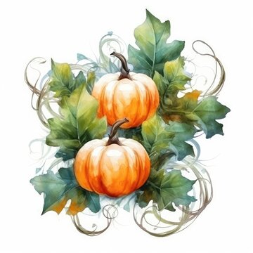 A painting of pumpkins and leaves using watercolors. (Illustration, Generative AI)