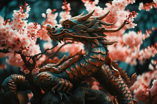Mythological Chinese dragon in blooming sakura. Generative AI illustration.