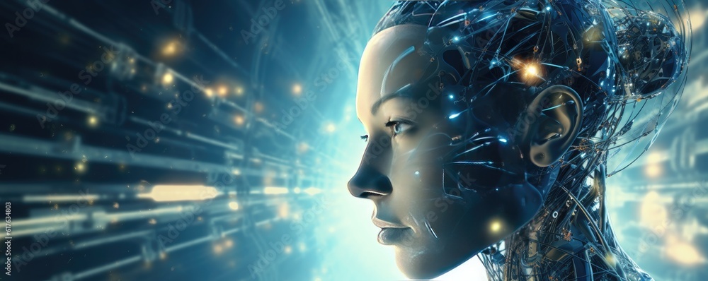 Wall mural people head. artificial intelligence for the future rise in technological singularity using deep lea