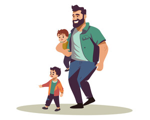 Happy father with sons, boys, father's day. Flat vector illustration