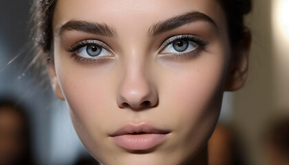 Fototapeta premium Beautiful young woman with brown hair and blue eyes looking sensually generated by AI