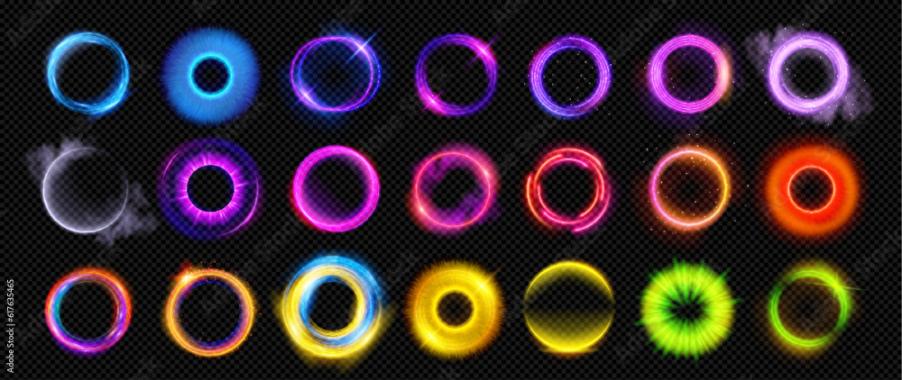 Poster optical halo flares with neon light vector effect set isolated on transparent background. circle len