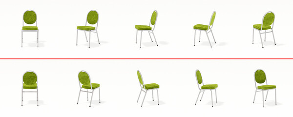 A set of chairs at different angles from the front, side and back on a white background. Green soft chair, 3d illustration, 3d image.