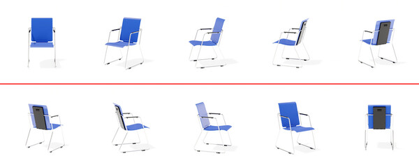 A set of chairs at different angles from the front, side and back on a white background. blue folding chair, 3d illustration, 3d image.