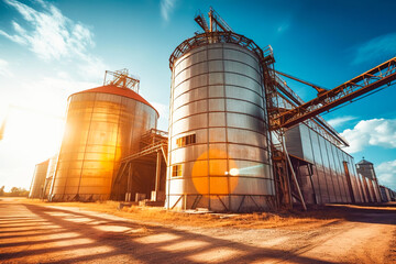 Obraz premium Agricultural tanks for storage and drying of grain, wheat. Generative AI