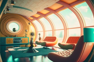 retrofutureistic Barbarella living room Spaceage lounge vibrant cinematic 4k 