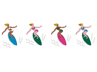 おしゃれなサーフィンをするブロンドヘアーのビキニを着た女性のセット