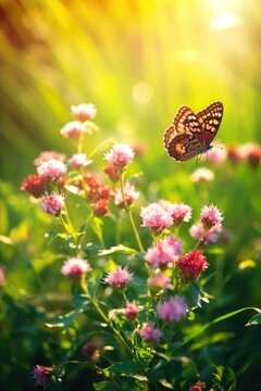 The meadow features clover, butterfly, wild flowers, and sun rays. (Illustration, Generative AI)