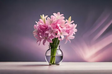 a vase containing bunch of pink rain lily flowers fully bloomed , background is serene and shine , vase is placed on the center of screen  © Asma