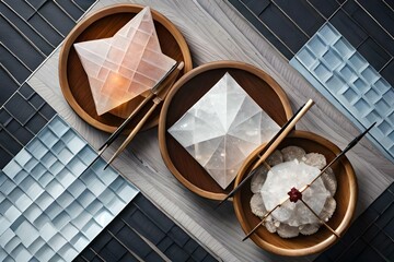 different luxurious crystals ,gems placed in saucer on minimalistic background ,white color crystals 