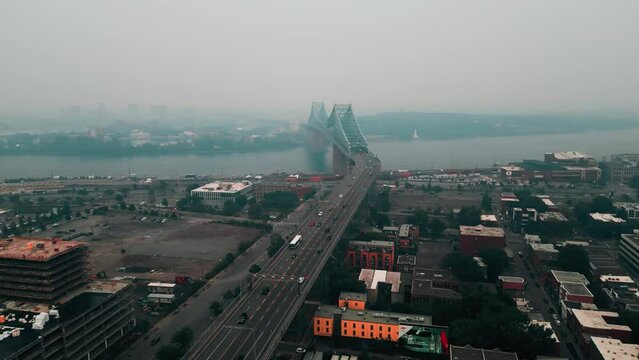 drone shot near jacques cartier beidge in montreal during smog episode in june 2023
