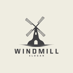 Windmill Logo, Agriculture Farm Vector, Nature Landscape Retro Vintage Design Illustration