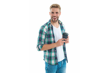 happy caucasian man with coffee in studio. photo of caucasian man with coffee.