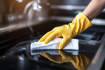 Domestic female hand wearing gloves cleaning dirty stove after cooking using sponge for washing woman housewife,generative.ai - obrazy, fototapety, plakaty