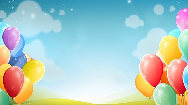 Group of colored glossy helium balloons background.Panoramic horizontal background with copy space. Set of balloons for birthday, anniversary, holiday decorations. Generative AI illustration.