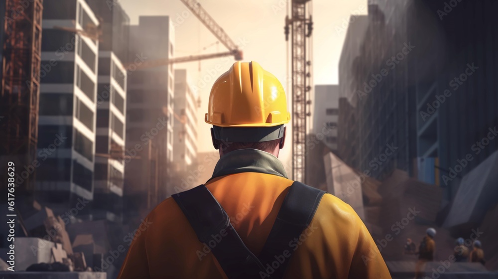Poster a working man in a protective construction helmet. an engineer at a construction site controls the p