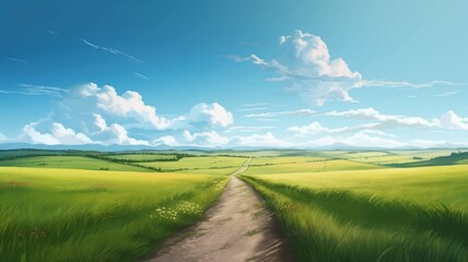 Obraz premium Rustic dirt scenic road with green grass and skyline with blue sky. AI generated