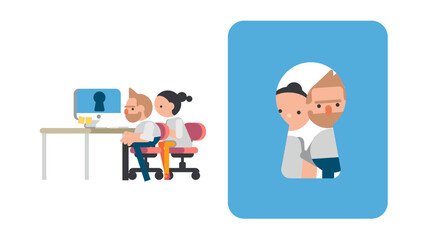 Businessmen and women sit in front of the computer and stare at the keyhole. new perspective