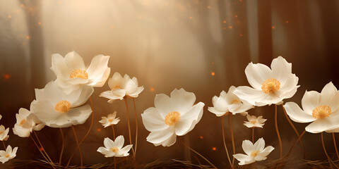 Ethereal Beauty: Close-up of Beautiful White Anemone Flowers in a Sunlit Spring Forest