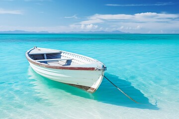 Naklejka premium Idyllic Caribbean Escape: Tranquil White Rowboat on Turquoise Waters