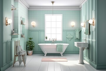 Luxurious spa-style bathroom with a relaxing color scheme, featuring a freestanding tub and a rain, shower.