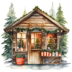 Fototapeta na wymiar A festive cute little shop for Christmas. A house, a hut with gifts and toys on a new year's watercolour isolated on a white background. Blank for the designer. icon, print, logo, print on T-shirts