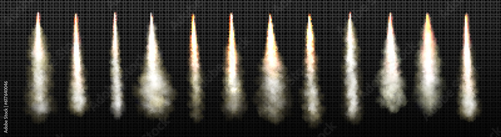 Poster rocket launch smoke trail with fire flame vector. isolated realistic jet takeoff explosion speed eff