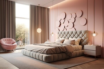 Modern bedroom design,Double bed | 3d render of luxury hotel room | white bedroom interior for mock-up,3D rendering | Stylish and modern sunny bedroom with plants,floral pattern bedding