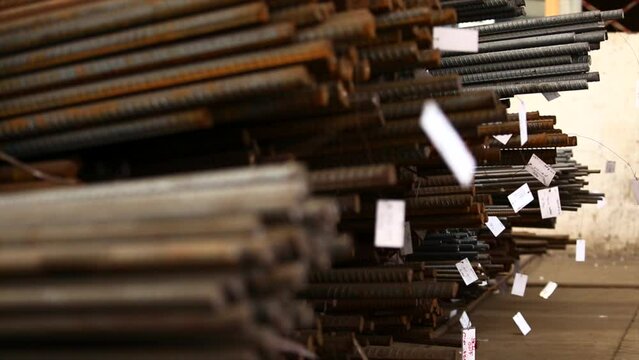 TMT bars in a warehouse.
