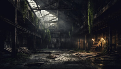 Spooky old ruin, abandoned factory, rusty metal, rotting flooring, destruction generated by AI