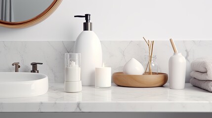 Naklejka na ściany i meble white bathroom items and accessories on a marble table minimalist interior Generative